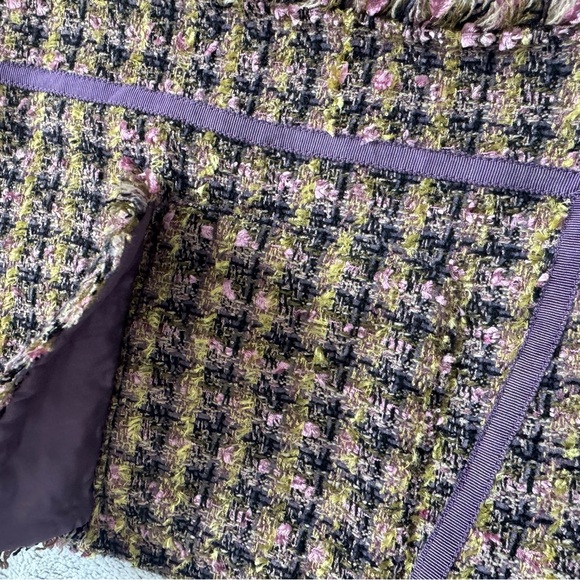 True Meaning Purple-Trim Bouclé Tweed Jacket Size L Open Front Fringe Trim‎ - Picture 6 of 8